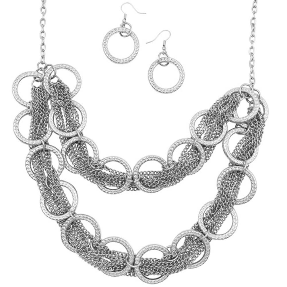 Long Double Row Chain Rings Silver Necklace Set - Picture 3 of 3